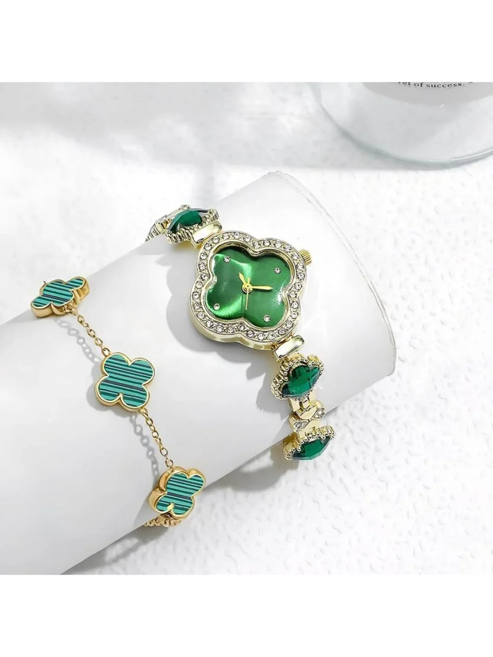 Women's Green Gold Lucky Clover Flower Design Four Leaf Bracelet Set Wrist Watch